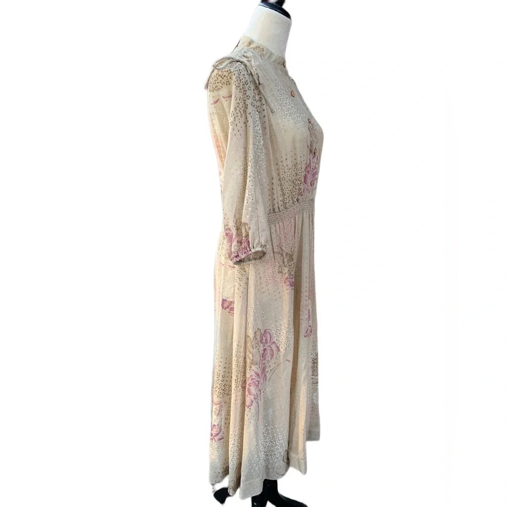 Vintage Melissa Lane Sheer Floral Modest Pleated Midi Dress 8 | Cottage Prairie - Picture 5 of 11